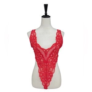 Victoria’s Secret Red Lace Bodysuit Teddy Sheer Floral Lingerie